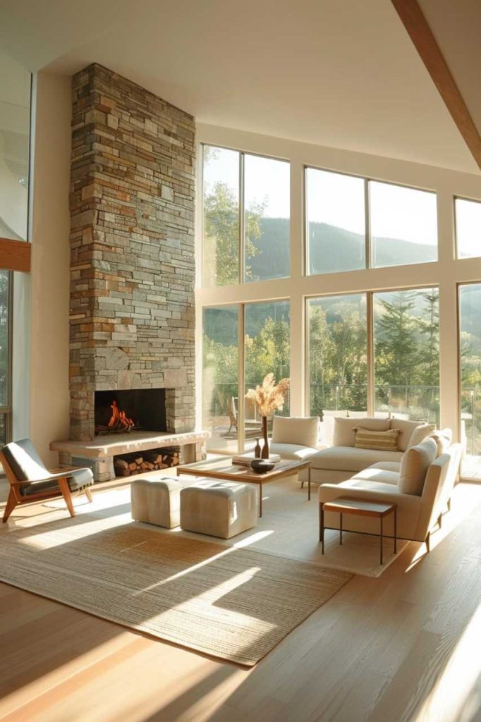 A modern living room with a tall stone fireplace, large windows, a white sectional sofa, two ottomans and a coffee table, all bathed in natural light.