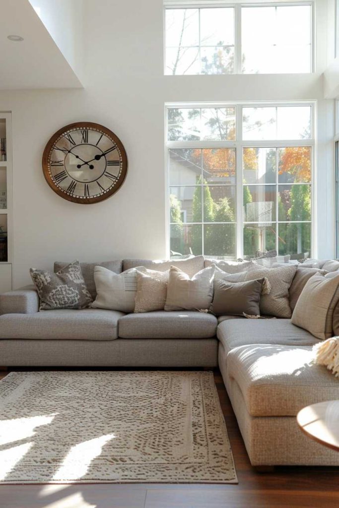 A sun-filled living room features a large L-shaped gray couch with pillows, a patterned rug, a round wall clock, and large windows overlooking trees and a neighboring house.