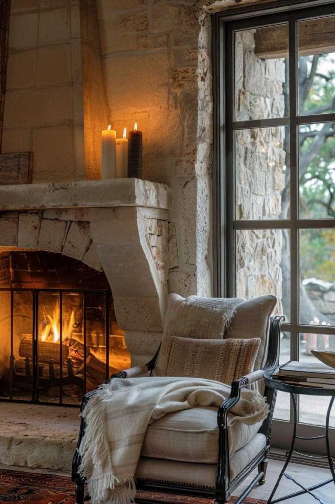 A cozy armchair with a blanket sits next to a burning stone fireplace and a window overlooking a tree. There are three candles on the mantelpiece.