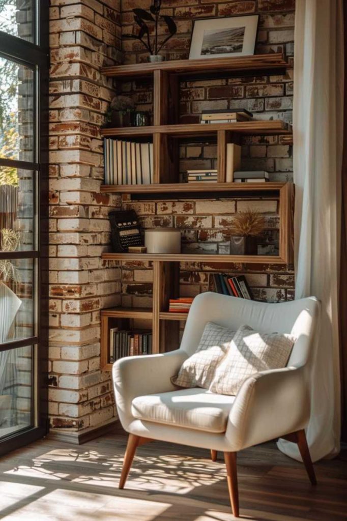 A cozy reading nook with a white armchair, wooden bookshelves with books and decorations, brick walls and soft natural light streaming in through a large window.