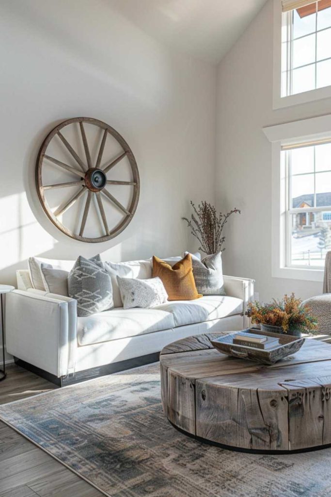 A bright living room features a white sofa with several pillows, a large wall decoration with a wagon wheel, a rustic round wooden coffee table and a sunlit window.