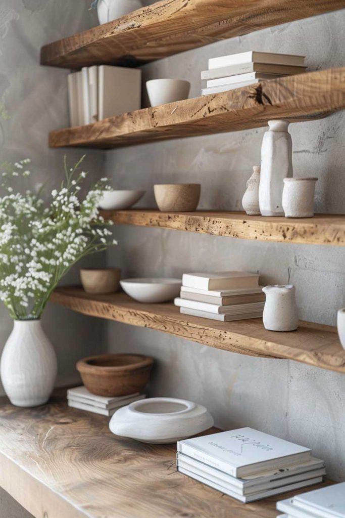 Various white ceramic items and books stand on wooden shelves above a wooden countertop with a vase of white flowers.