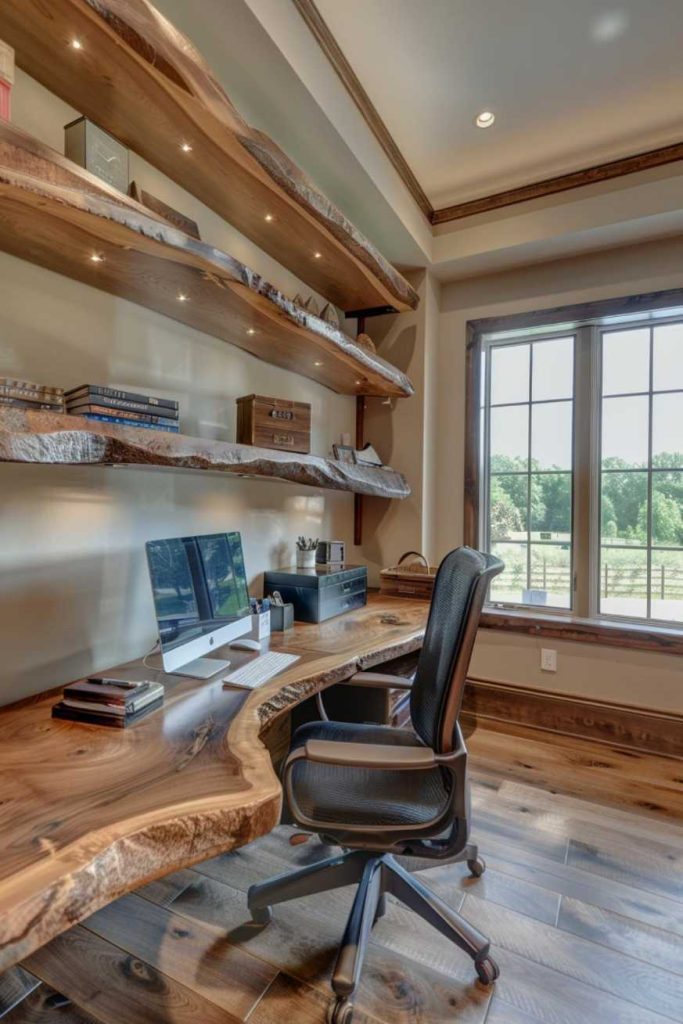 A home office with a natural wood desk, an office chair and a desktop computer. The room has large wooden shelves and a window with a view of the greenery.