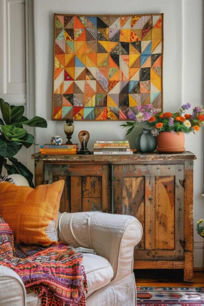 A cozy living room with a wooden cupboard, colorful artwork on the wall, plants, books and decorative items on the cupboard. A white armchair with orange and patterned cushions can be partially seen.