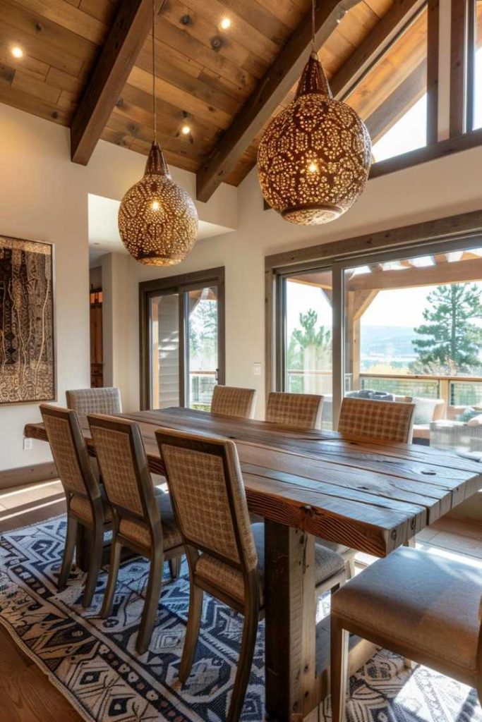 A rustic dining room features a wooden table with eight chairs, two ornate pendant lights, large windows and a geometric pattern rug.