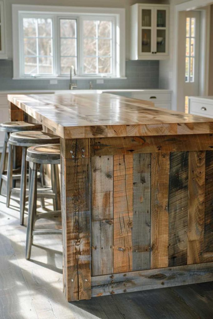 A rustic kitchen island with a wooden countertop and matching stools sits in the center of a kitchen with white cabinets and gray backsplash tiles.