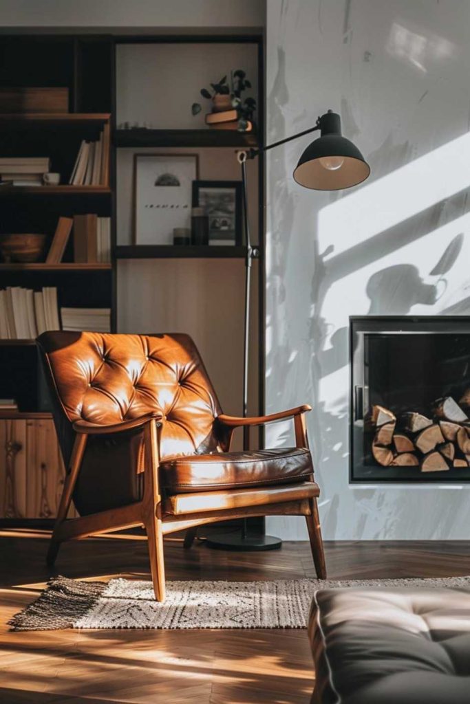 A leather chair and floor lamp sit in a sunlit corner of a living room, near a fireplace and a bookshelf full of books and framed items.