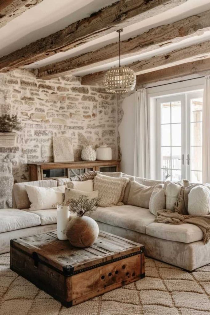 A cozy living room with a stone accent wall, wooden ceiling beams, a white sofa set, a wooden coffee table and large windows with white curtains. Decorations include neutral pillows and vases.