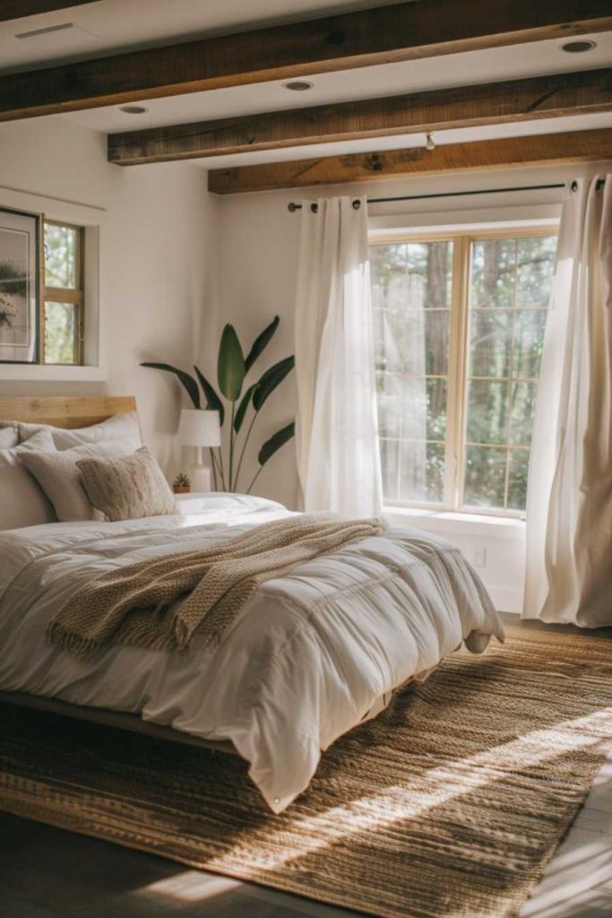 A cozy bedroom with a large window, white curtains, a double bed with white linens, a beige blanket, a potted plant, wooden beams on the ceiling and a light colored woven carpet.