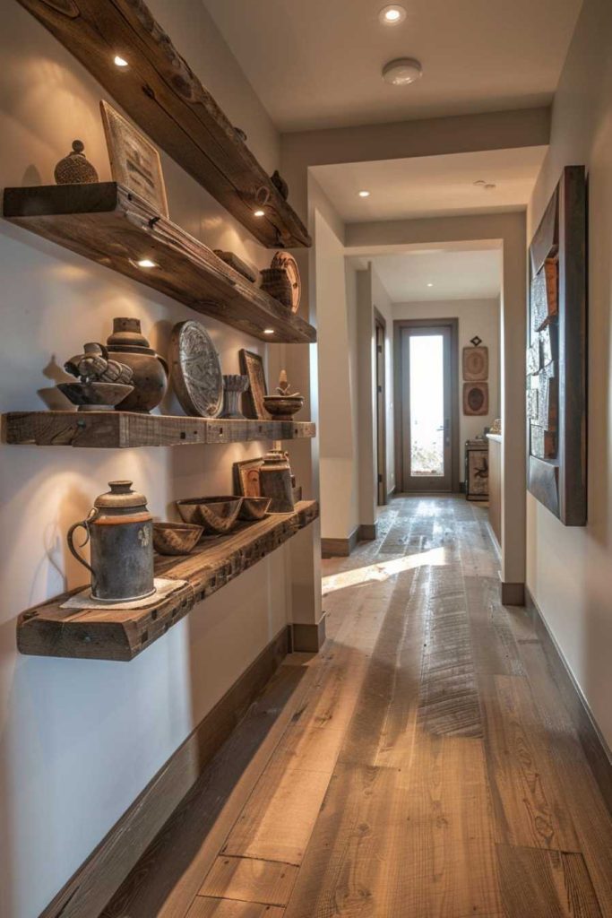 A hallway with wooden shelves on the left displaying various decorative items leads to a door at the end through which natural light flows. The floor is wooden and the walls are light.