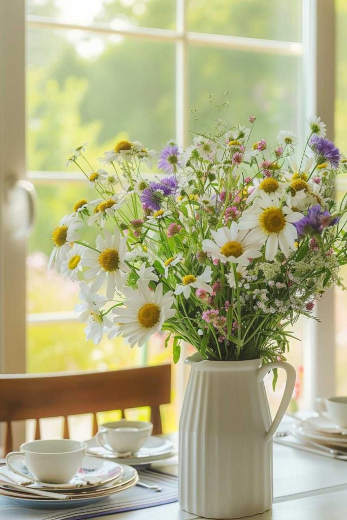 A white jug full of wildflowers and daisies sits on a table set with teacups and plates. Sunlight streams through a window in the background.