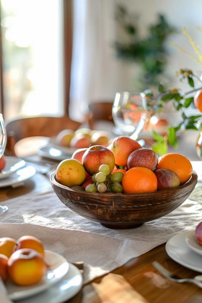 On a table set with plates and glasses there is a wooden bowl filled with apples, oranges, grapes and a pear.