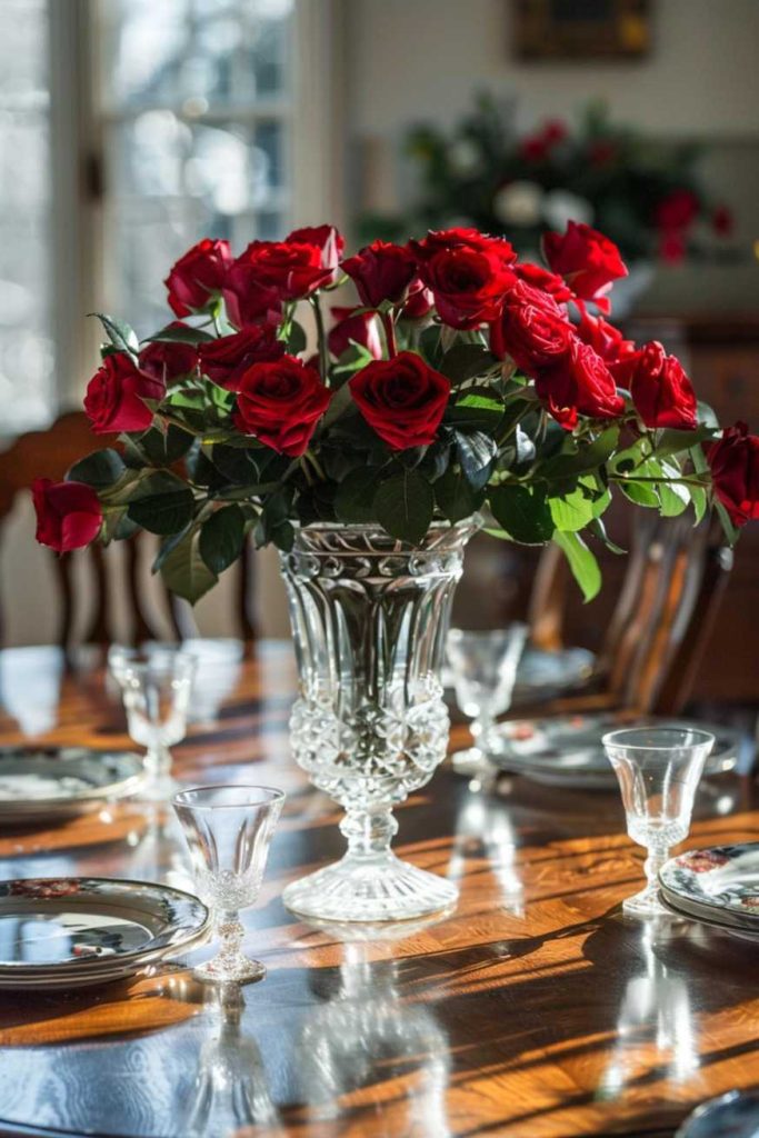 A bouquet of red roses in a decorative crystal vase stands on a wooden dining table with plates and glasses. Sunlight shines through a window and illuminates the scene.