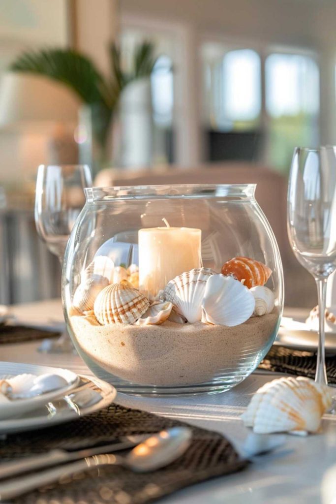 A glass bowl with sand, seashells and a burning candle. The bowl is placed on a dining table set with plates, cutlery and wine glasses.