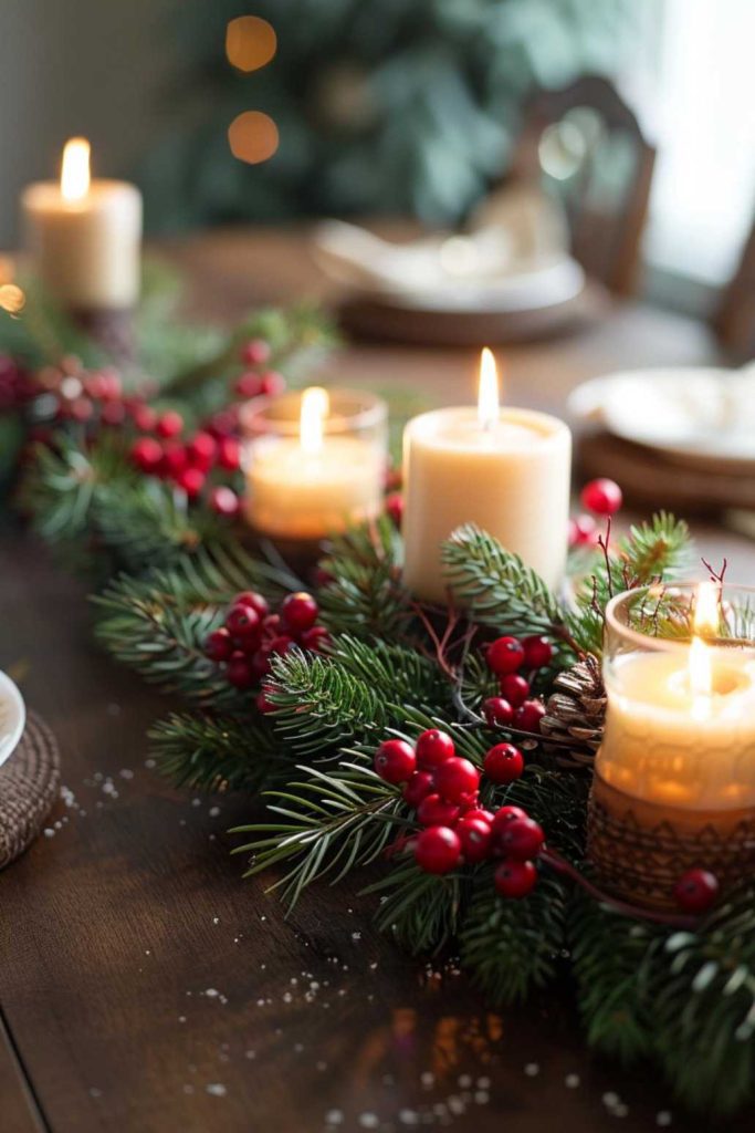 A festive table centerpiece with lit candles, evergreen branches and red berries on a wooden table.