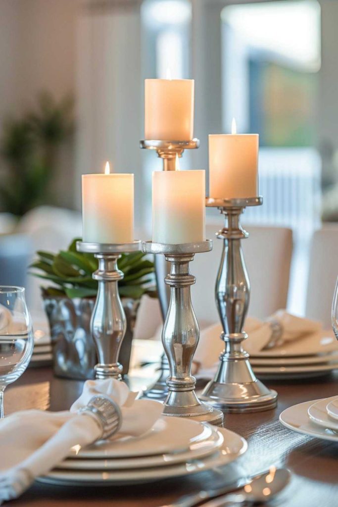 Four burning candles on silver candlesticks stand in the middle of a set dining table with white plates, napkins and wine glasses. There is a small potted plant in the background.