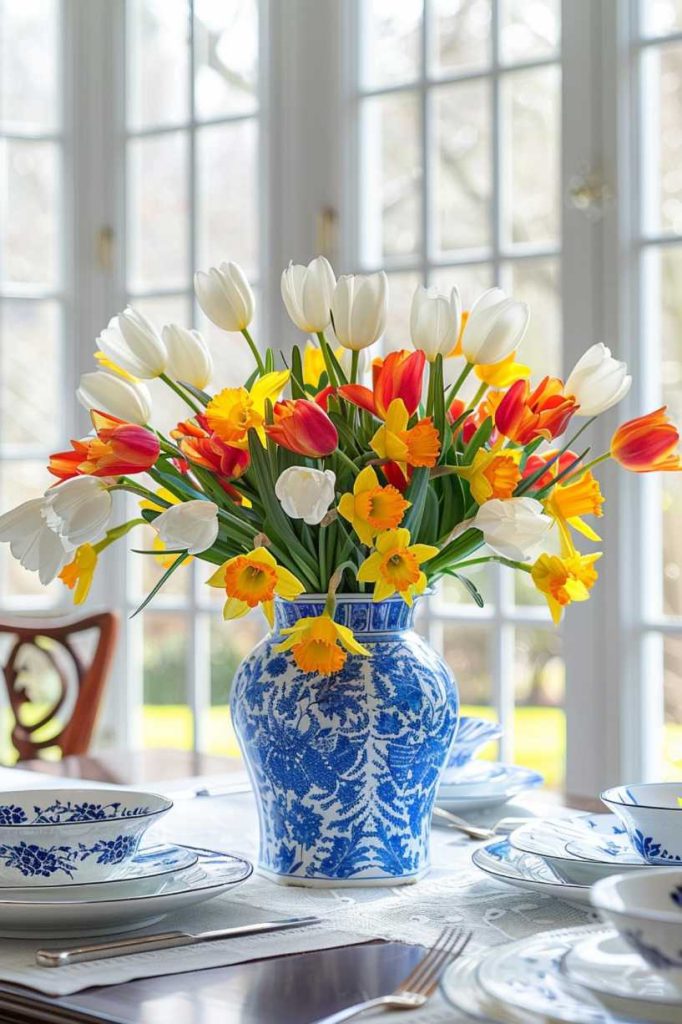 A blue and white ceramic vase contains an arrangement of white, yellow and red flowers, placed on a table set with porcelain plates in front of large windows.