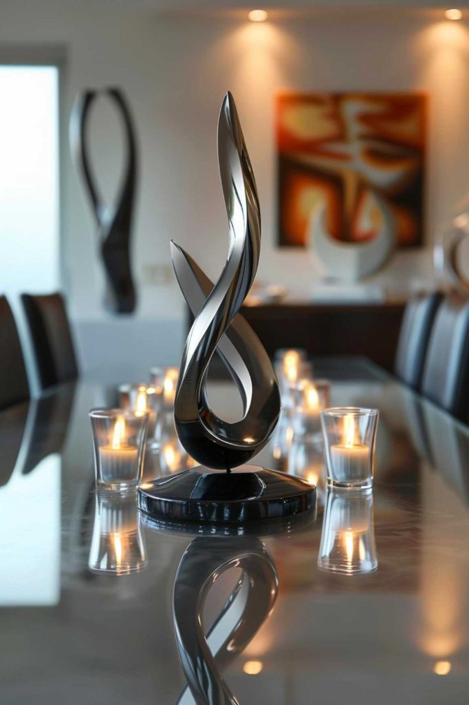 An elegant abstract metal sculpture stands on a reflective table surrounded by candles in glass holders, with modern artwork in the background of a modern room.