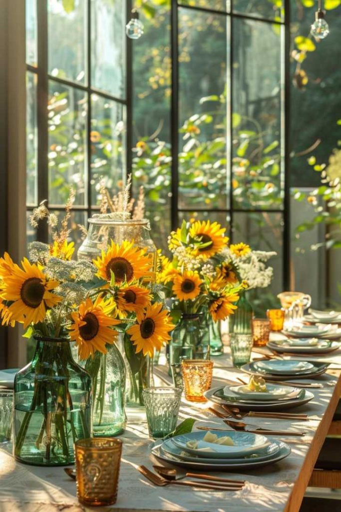 A sunlit dining table is adorned with sunflower-filled vases, glasses, plates and cutlery and sits next to large windows overlooking the lush greenery outside.