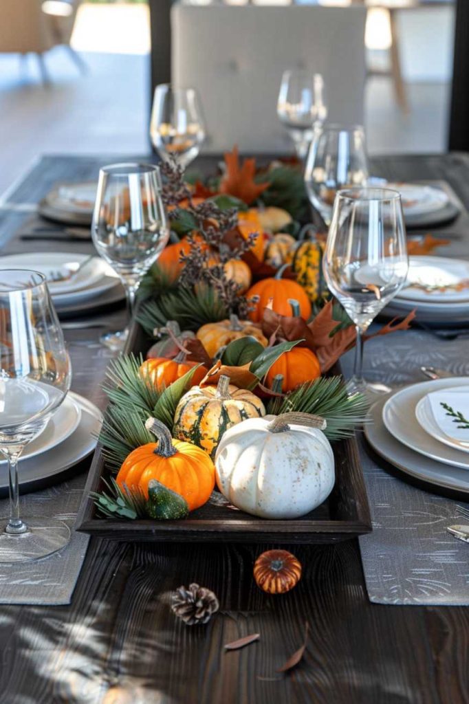 Dining table set with wine glasses, plates and napkins. The centerpiece is an arrangement of mini pumpkins, gourds, pine cones and fall leaves in a wooden tray.