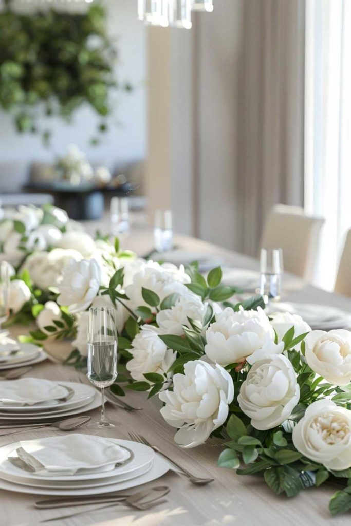 Elegant dining table with white plates, folded napkins and sparkling glasses, decorated with a <a href=