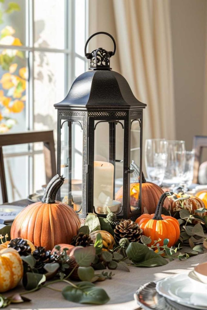 A black lantern with a candle in it sits surrounded by small pumpkins, pine cones and green foliage on a table set for a meal.