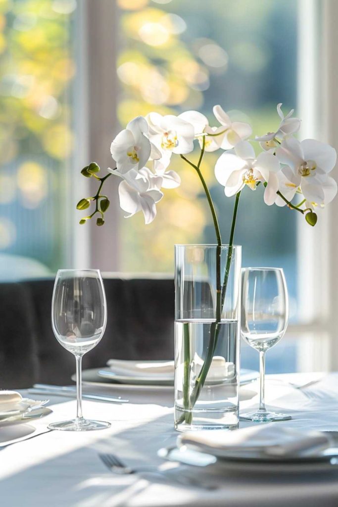 A dining table with empty wine glasses, white plates and a transparent vase with white orchids, with sunlight streaming through the windows in the background.