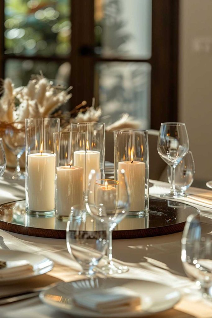 A set table with white candles in glass holders, wine glasses and neatly arranged plates and cutlery. Decorations include dried flowers and sunlight streams through a nearby window.