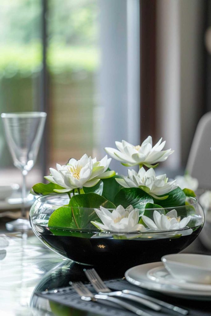 A glass bowl with white water lilies and green leaves stands on a dining table with plates and cutlery. In the background you can see windows with a view of the greenery.