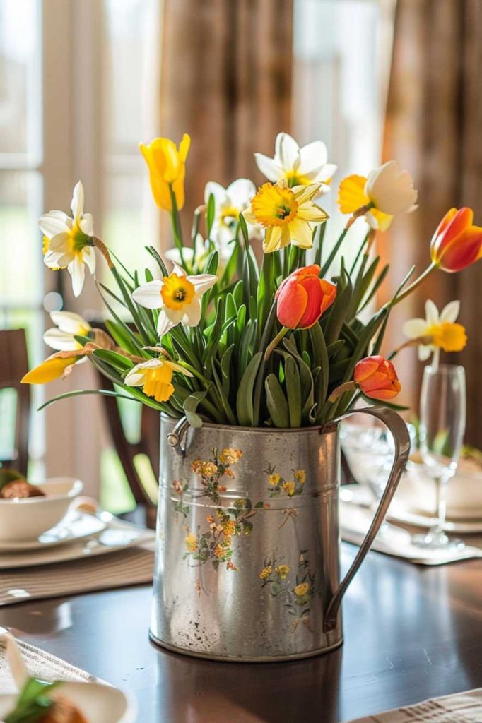 A metal watering can filled with various colorful flowers, including tulips and daffodils, sits on a dining table set for a meal.