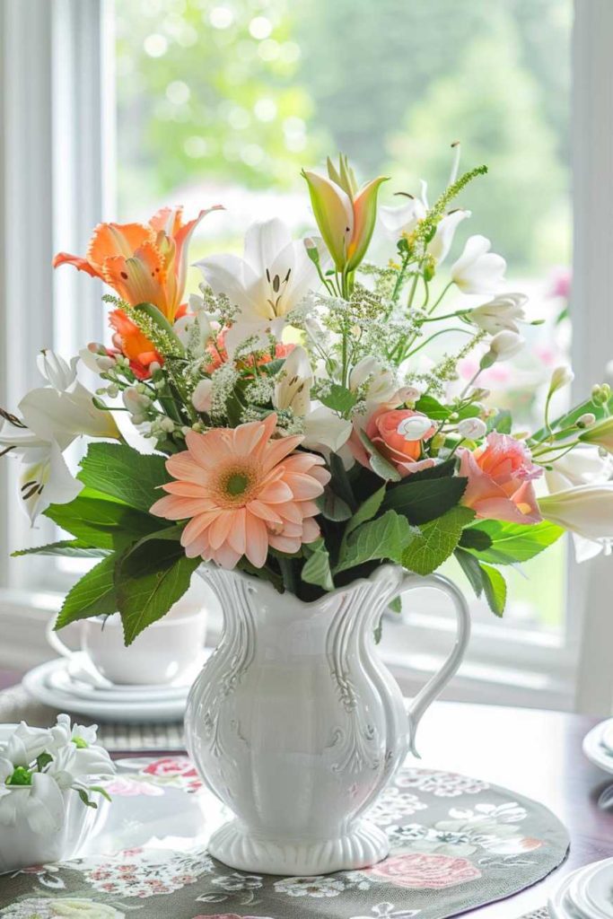 A white ceramic pitcher filled with a mixed bouquet of flowers, including pink roses, white lilies and orange gerbera daisies, sits on a floral tablecloth next to a window.