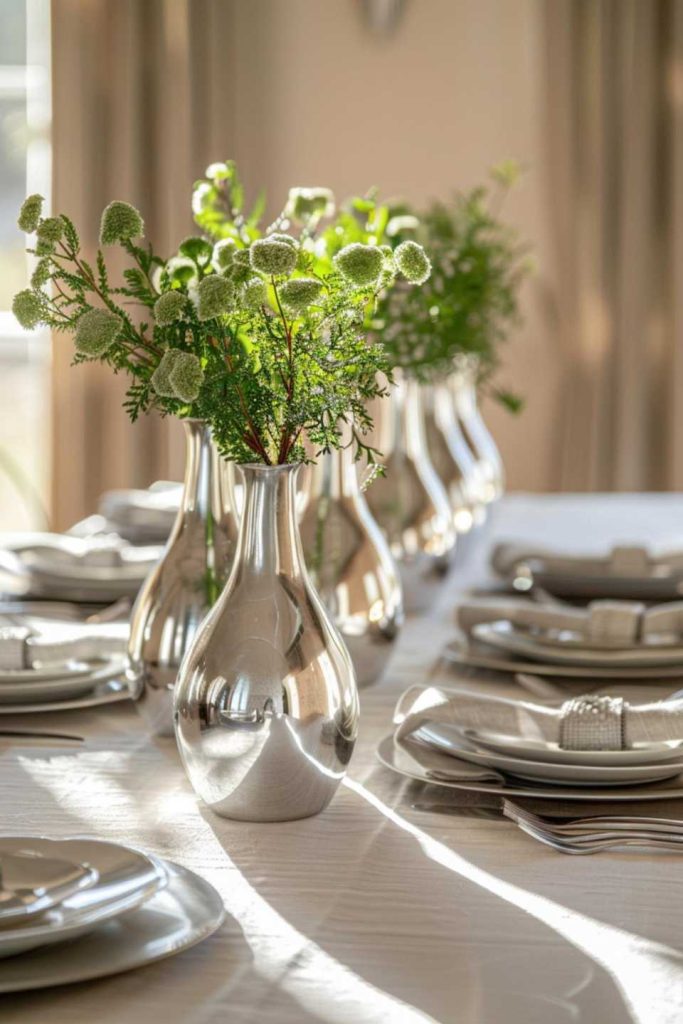 A dining table with white plates, cutlery and metal vases with green floral arrangements illuminated by natural light.