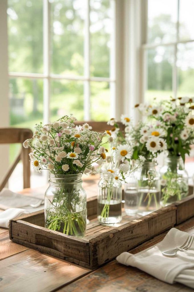 A wooden table with jars full of white daisies and greenery in a rustic wooden tray placed near a window overlooking a lush green garden.