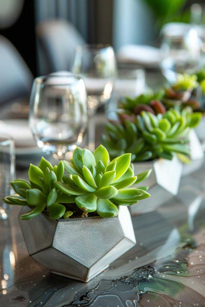 Close-up of geometric pots of bright green succulents on a reflective marble table surrounded by glassware and dinnerware.