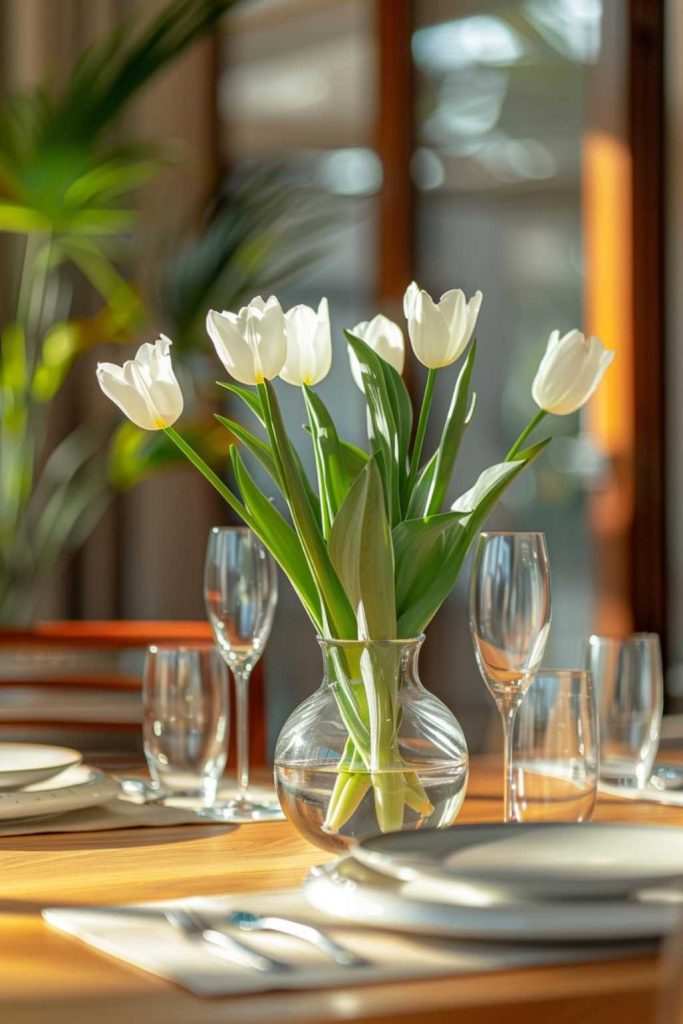 A clear glass vase with white tulips stands on a wooden dining table with plates and wine glasses, with sunlight streaming through a window in the background.