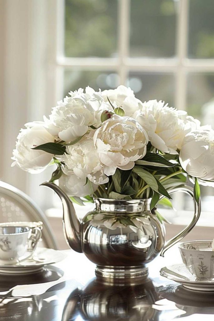 A polished silver teapot holds a bouquet of white peonies and sits on a table with teacups and saucers near a large window.