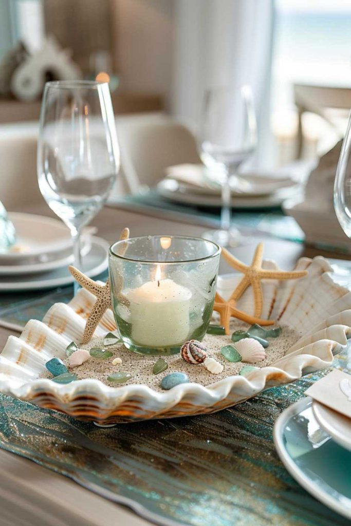 A dining table centerpiece featuring a lit candle in a glass holder surrounded by seashells, starfish and sea glass accents on a green and white table setting.