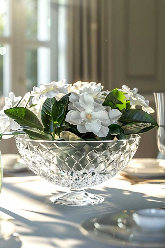 A clear crystal bowl with a diamond pattern contains white flowers and green leaves, placed on a white tablecloth. Sunlight streams in through a window in the background.