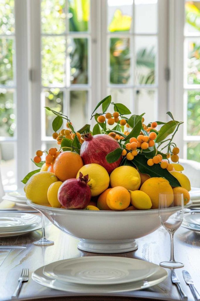 A large bowl of various fresh fruits, including lemons, oranges, pomegranates and kumquats, sits in the center of a set dining table with plates, cutlery and glasses.