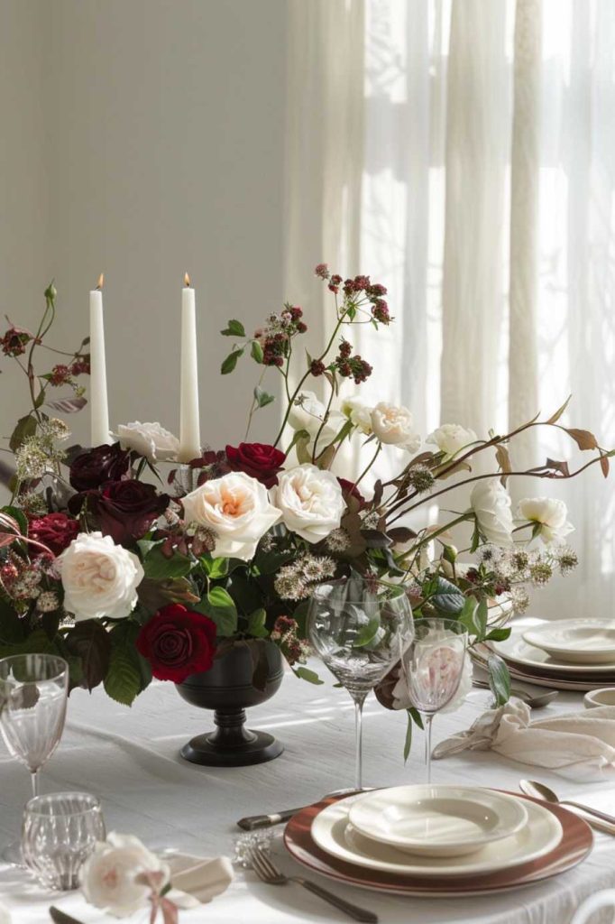 Elegant dining table with an arrangement of red and white roses, two lit candles, wine glasses and white plates on a white tablecloth next to sheer curtains.