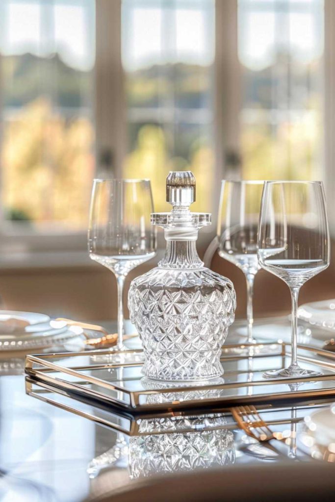 A crystal decanter and three wine glasses arranged on a mirrored tray on a glass table, with a blurred background of large windows and trees.