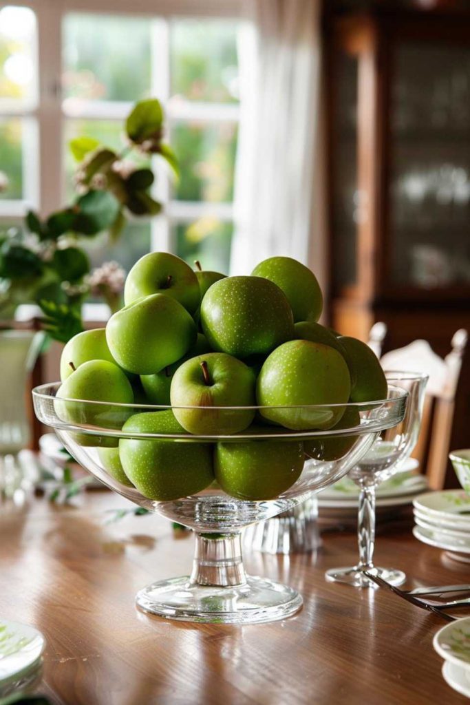 A clear glass bowl of green apples stands on a wooden dining table with plates, cutlery and glasses. A window and a wooden cupboard can be seen in the background.