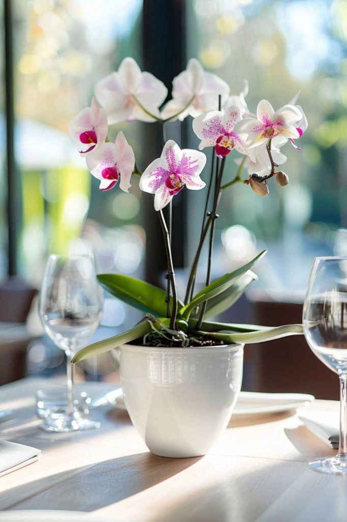 A potted orchid with pink and white flowers sits on a sunlit table next to empty wine glasses and plates.