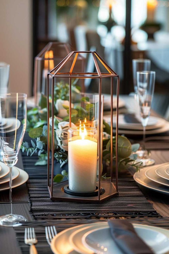 A burning white candle in a geometric metal holder sits on a dining table with plates, glasses and a floral centerpiece.