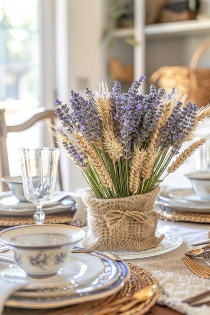 A centerpiece with a burlap-wrapped vase containing lavender and wheat stems sits on a dining table with plates, bowls, glasses and woven placemats.