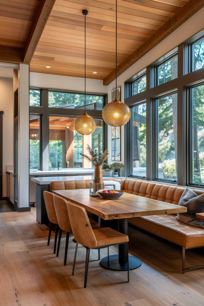 Modern dining area with a wooden table with upholstered bench seating and leather armchairs. Pendant lights hang from the ceiling and large windows provide natural light and views of the greenery.