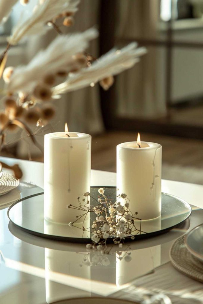 Two white candles are lit and placed on a round mirror plate, accompanied by small white flowers. The decor is on a dining table with blurred background elements.