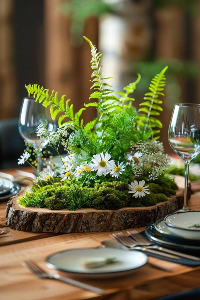 A centerpiece with ferns, daisies and moss arranged on a cross-section wooden base surrounded by place settings with plates, cutlery and wine glasses.