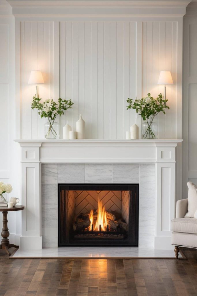 A lit fireplace in a white-paneled room, flanked by two sconces, with vases of flowers and candles on the mantel above. Next to it is a beige upholstered chair and a small side table.