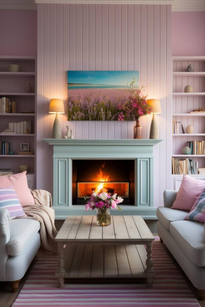 A cozy living room features a burning fireplace, two sofas, a wooden coffee table with flowers and shelves of books. A framed landscape photo hangs above the fireplace and two lamps provide warm light.